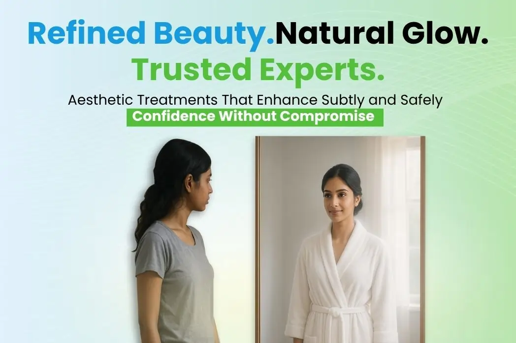 Mobile Banner of Aesthetic treatment showing a woman's confident reflection. Keywords: aesthetic transformation, refined beauty, natural glow, Kisan Range.