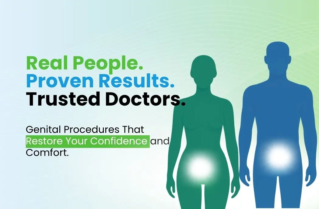 Medical advertisement banner showing silhouettes of a woman and man with text 'Real People. Proven Results. Trusted Doctors.' and subtitle 'Genital Procedures That Restore Your Confidence and Comfort' on a gradient background