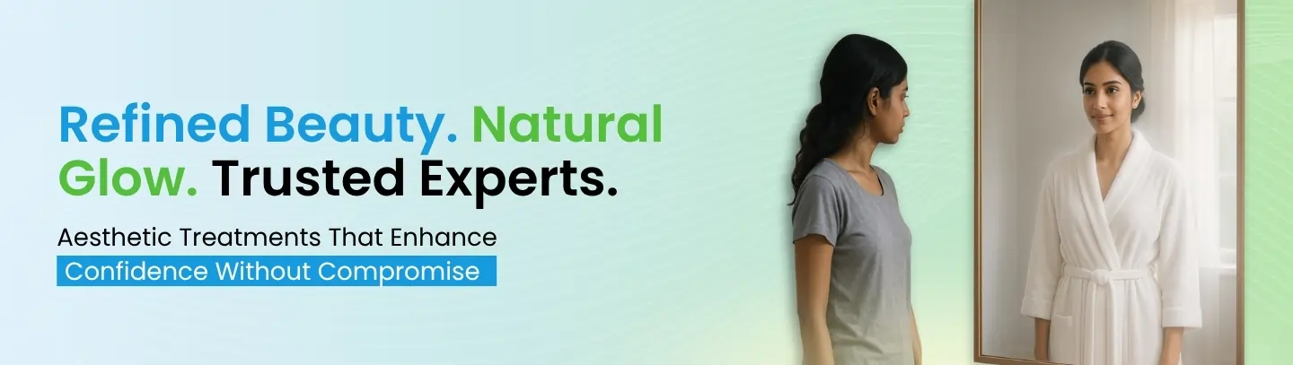 Desktop Banner of Aesthetic treatment showing a woman's confident reflection. Keywords: aesthetic transformation, refined beauty, natural glow, Kisan Range.