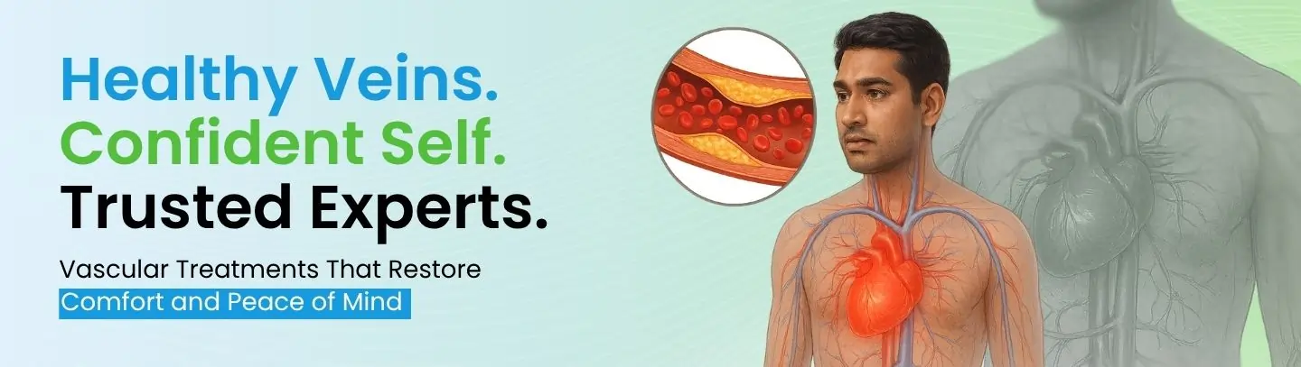 Desktop Banner image for Minnerva Clinic's vascular treatment showing a healthy circulatory system and a clogged vein. Keywords: vascular treatment, Minnerva Clinic, healthy veins.