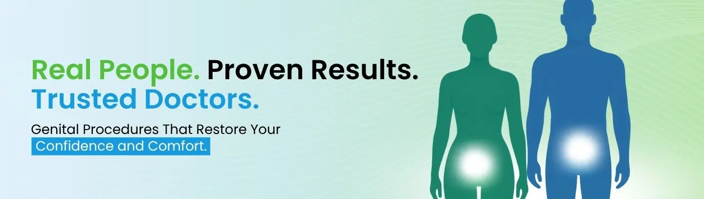 Medical advertisement banner showing silhouettes of a woman and man with text 'Real People. Proven Results. Trusted Doctors.' and subtitle 'Genital Procedures That Restore Your Confidence and Comfort' on a gradient background