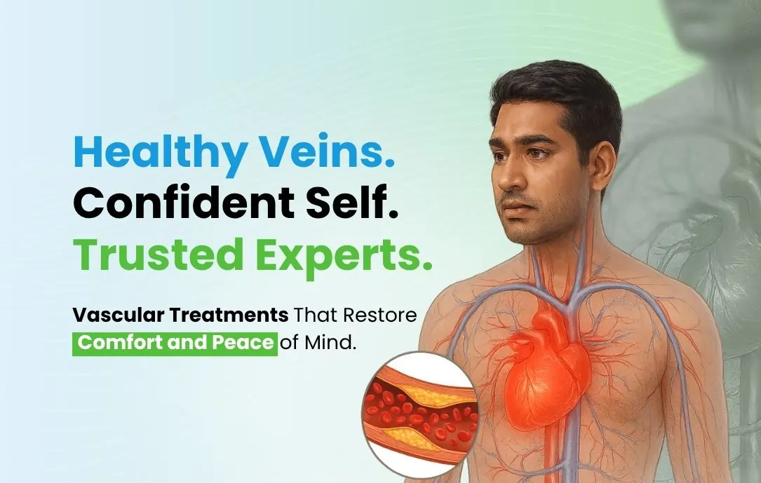 Mobile Banner for Minnerva Clinic's vascular treatment showing a healthy circulatory system and a clogged vein. Keywords: vascular treatment, Minnerva Clinic, healthy veins.